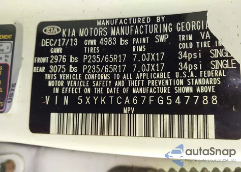 2015 Kia Sorento Lx z USA, uszkodzony, nr VIN 5XYKTCA67FG547788